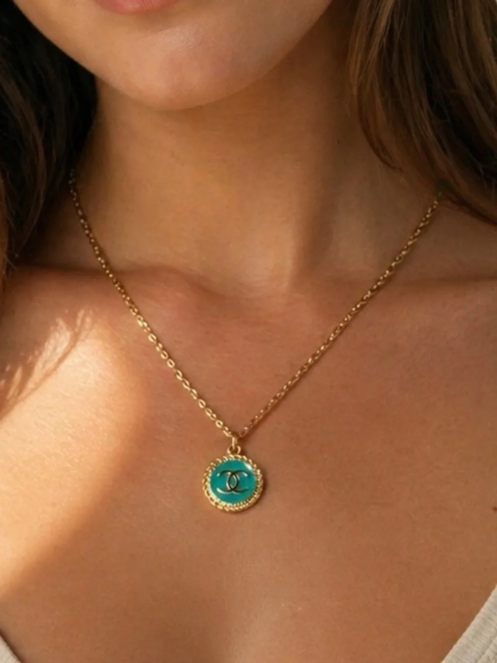 Authentic CHANEL Gold Turquoise Enamel Logo Necklace Pendant - Picture 6 of 11